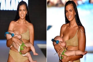 Lần đầu tiên trên sàn catwalk, người mẫu vừa trình diễn bikini vừa cho con bú