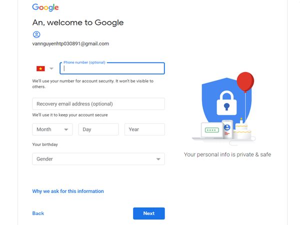 Hướng dẫn cách điền thông tin khi đăng ký tài khoản Gmail. (Nguồn: Internet).