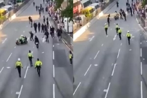 Clip Cảnh sát Hong Kong lao xe vào đám đông, lượn vòng vèo như rắn