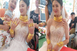 Xuýt xoa với hình ảnh cô dâu đeo vàng nặng trĩu cổ và kín 2 bàn tay trong ngày cưới ở Cao Bằng