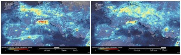 Ảnh từ vệ tinh Copernicus Sentinel-5P cho thấy mức độ ô nhiễm không khí tại Ý đã giảm đáng kể. (Ảnh: ESA)
