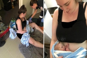 Chồng sốc không nói lên lời khi vừa về đến nhà thì nhìn thấy vợ đã sinh con trên sàn phòng tắm sau 2 phút đau chuyển dạ