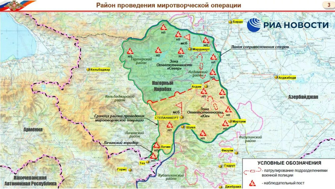 Khu vực diễn ra hoạt động gìn giữ hòa bình của Nga ở Nagorno-Karabakh được BQP Nga công bố hôm 11/11 (Nguồn: RIA Novosti/BQP Nga).