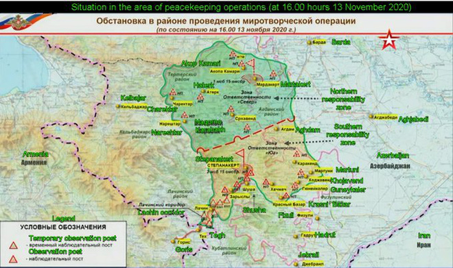 Bản đồ phân chia các khu vực hoạt động "Bắc" và "Nam" của lực lượng Nga ở Karabakh hôm 13/11.