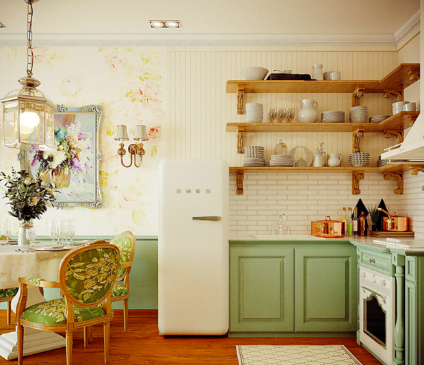 Căn bếp nhỏ, khu để bát đĩa được sắp xếp và trang hoàng với màu sắc, nội thất xinh muốn xỉu.