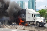 Hoảng loạn thấy xe container vừa chạy vừa cháy dữ dội ở TP Thủ Đức