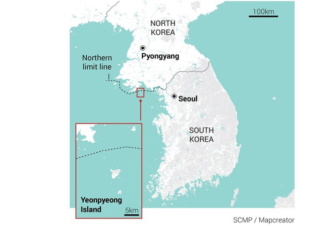 Vị trí đảo Yeonpyeong của Hàn Quốc và Đường Giới hạn Phương Bắc (NLL) giữa Hàn Quốc-Triều Tiên. (Ảnh: SCMP)