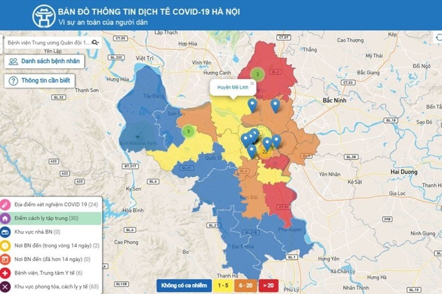 Bản đồ thông tin dịch tễ COVID-19 tại Hà Nội. Ảnh chụp màn hình