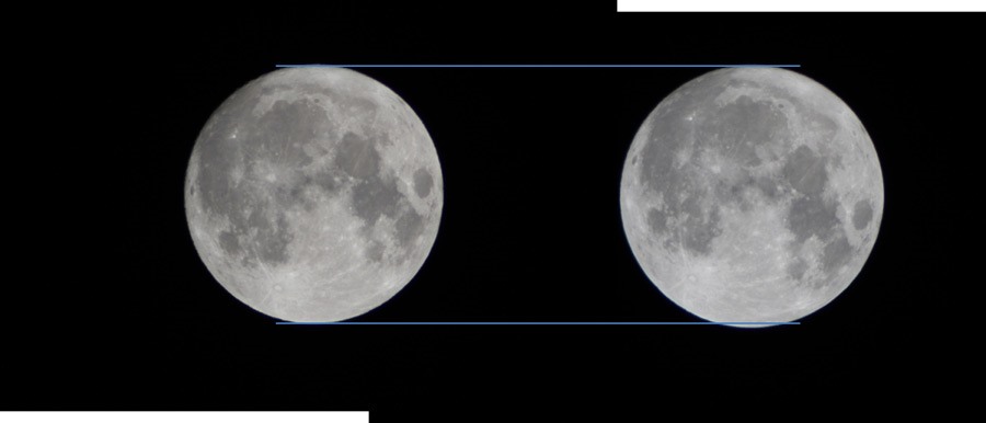 Hình ảnh ghép 2 Mặt trăng trong dịp siêu trăng tháng ngày 13 và 14.11.2016. Bên trái là khi Mặt trăng gần đường chân trời hơn và bên phải là Mặt trăng ở rất cao trên bầu trời. Ảnh: NASA.