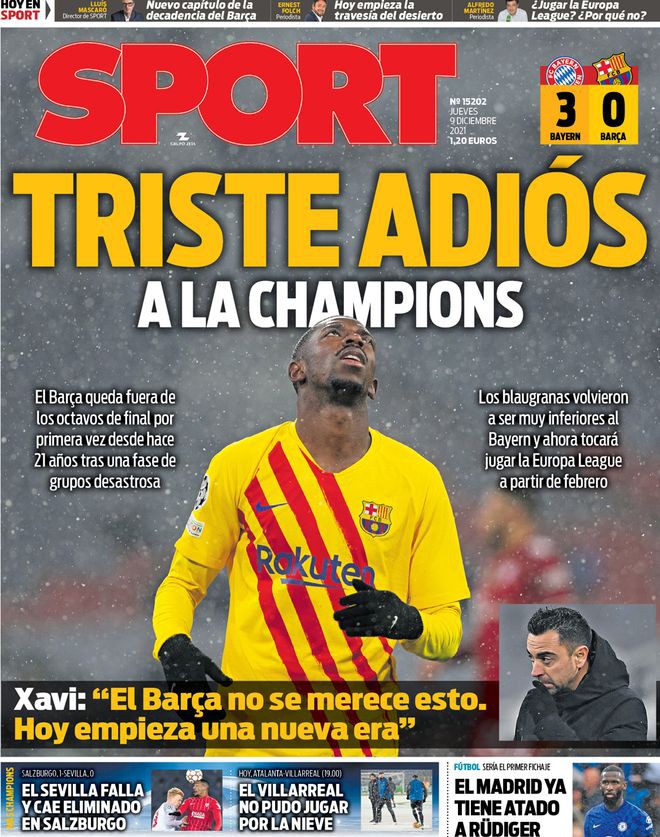 Tờ Sport gọi trận thua trước Bayern là "Lời chia tay buồn" của Barca với Champions League. Ảnh: Sport.
