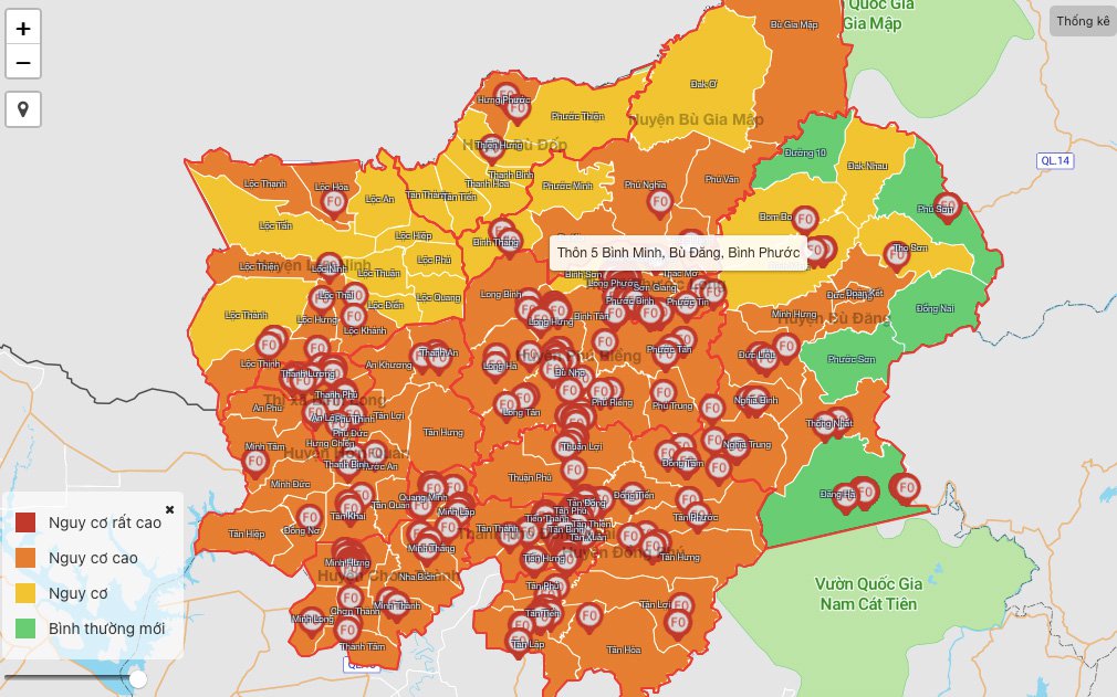 Bản đồ cấp độ dịch của tỉnh Bình Phước chuyển sang màu cam gần hết địa bàn. Ảnh: Báo Bình Phước.