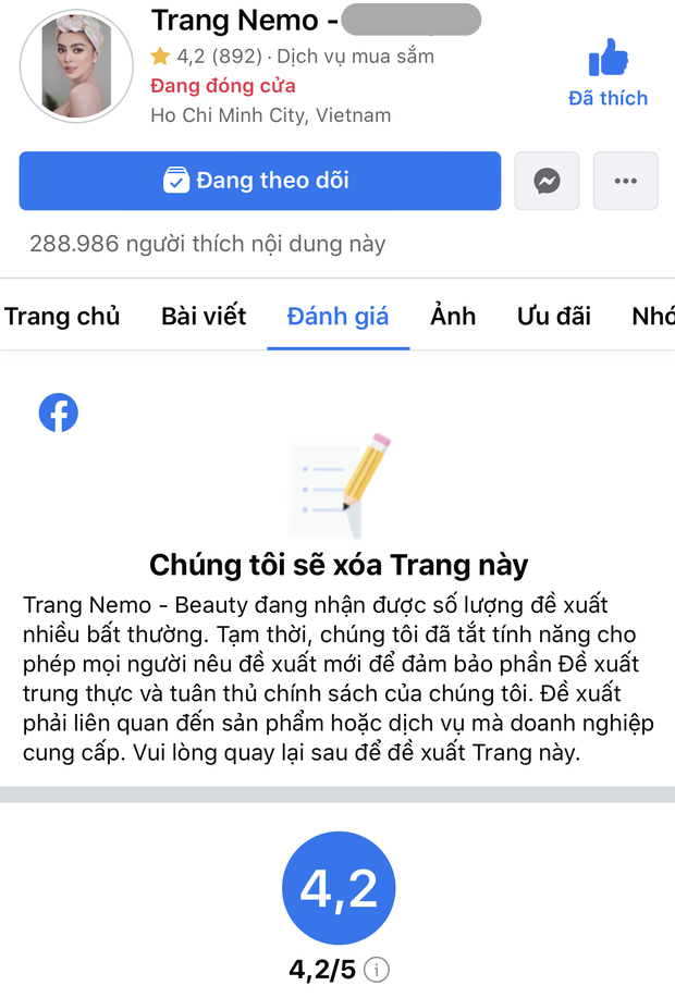 Cảnh báo từ Facebook với page của Trang Nemo.