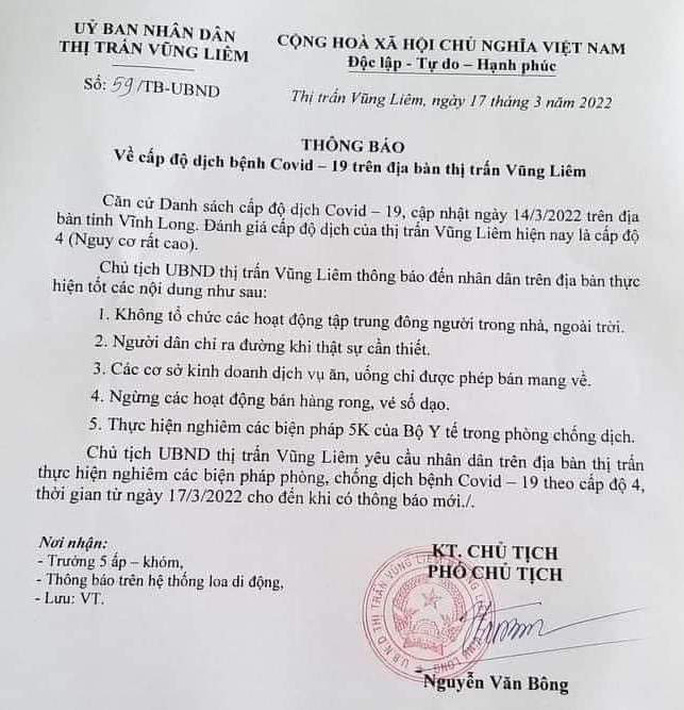 Thông báo của UBND thị trấn Vũng Liêm về việc ngừng một số hoạt động khi địa bàn có dịch ở cấp độ 4