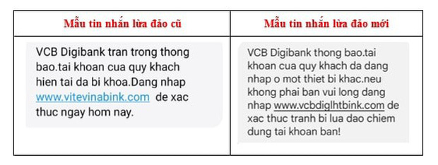 Hai mẫu tin nhắn SMS giả mạo Vietcombank, bao gồm cả mẫu cũ (trái) và mẫu mới (phải).