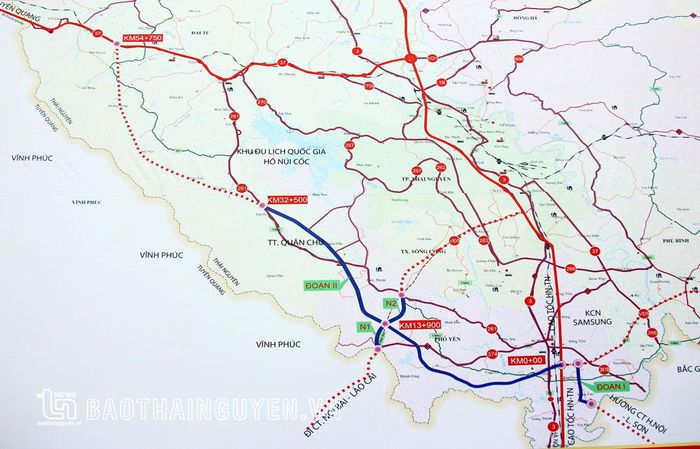 Sơ đồ Tuyến đường liên kết, kết nối các tỉnh Thái Nguyên, Bắc Giang và Vĩnh Phúc (mầu xanh đậm).