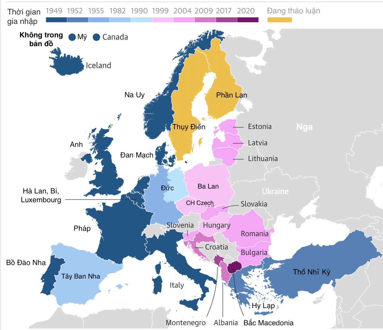Bản đồ các quốc gia thành viên NATO và thời gian gia nhập. Đồ họa: Guardian.