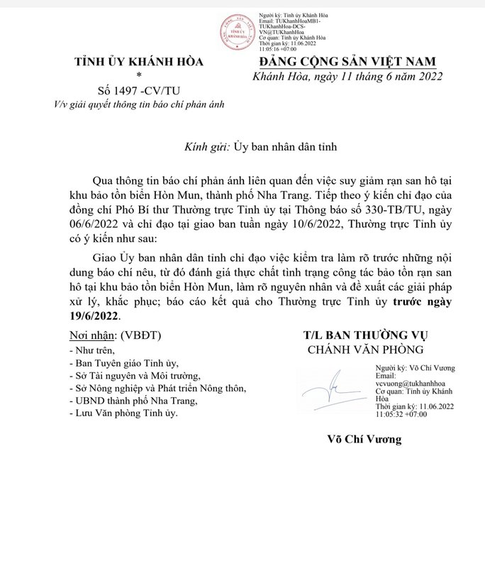 Văn bản của Tỉnh ủy Khánh Hòa.