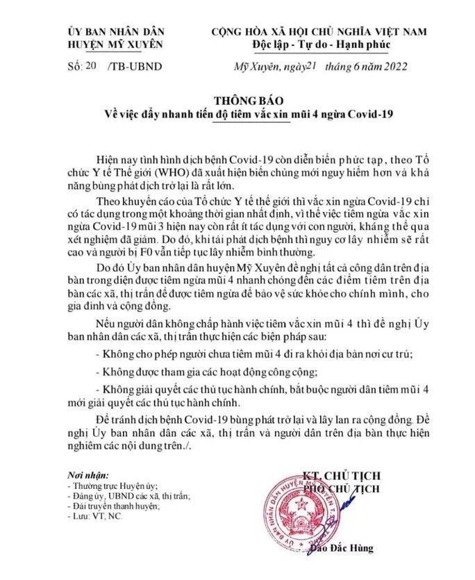 Thông báo của UBND huyện Mỹ Xuyên, tỉnh Sóc Trăng.
