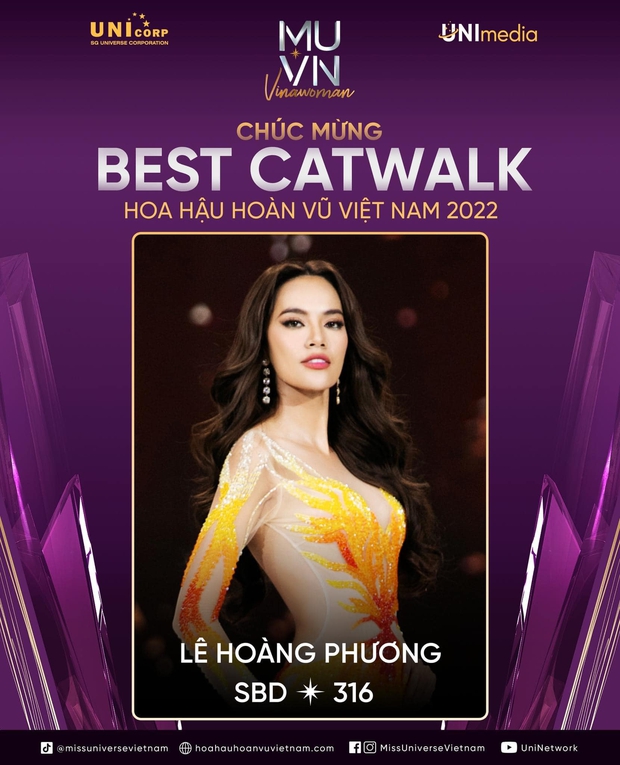 Hoàng Phương đạt giải thưởng phụ Best Catwalk. Trước thềm Chung kết, Hoàng Phương được dự đoán sẽ trở thành Á hậu 2 Hoa hậu Hoàn vũ Việt Nam 2022.