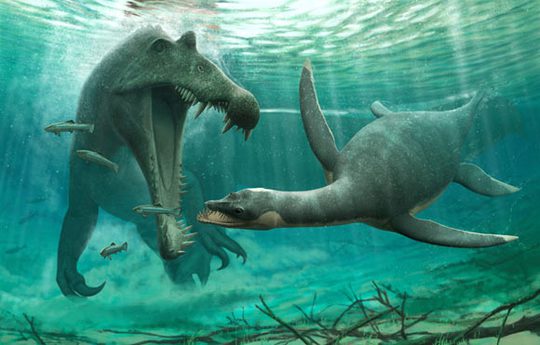 Spinosaurus và plesiosaurs - Ảnh: TRƯỜNG ĐẠI HỌC BATH
