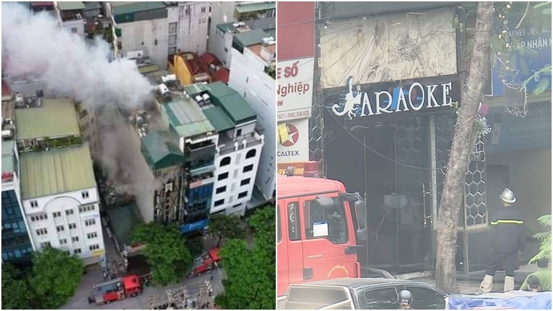 Hình ảnh vụ cháy quán karaoke trên đường Quan Hoa, quận Cầu Giấy, Hà Nội khiến 3 cán bộ, chiến sĩ thuộc đội Cảnh sát PCCC&CNCH Công an quận Cầu Giấy hy sinh.