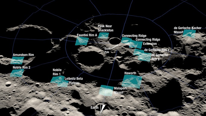 Các nhà khoa học sẽ chọn một trong 13 địa điểm được đánh dấu cho cuộc đổ bộ Mặt Trăng sắp tới - Ảnh: NASA.