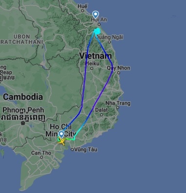 Máy bay quay trở lại Tân Sơn Nhất sau khi không thể hạ cánh tại Đà Nẵng. Ảnh: Flightradar.