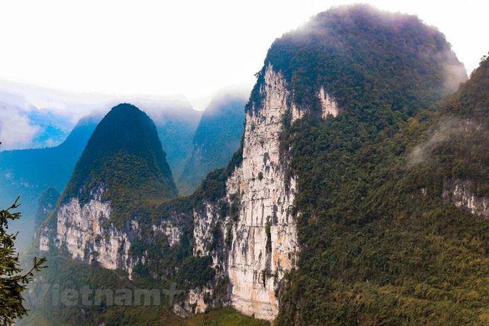 Tại chân Đèo Mã Pì Lèng, bạn có thể phóng tầm mắt đến Vách đá trắng Hà Giang. Khi chinh phục vách đánày bạn chắc chắn sẽ phải trầm trồ trước vẻ đẹp thiên nhiên hùng vĩ, mây trời trong xanh, dòng sông Nho Quế uốn lượn xẻ đôi cả núi đồi. (Ảnh: Hoài Nam/Vietnam+)