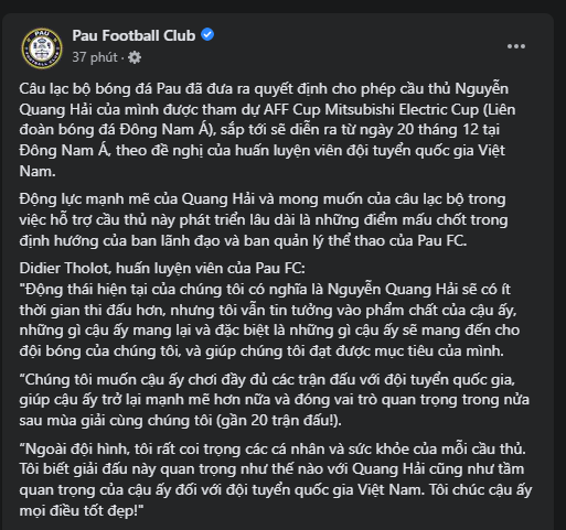 Quang Hải được Pau FC cho phép thi đấu AFF Cup 2022 - Ảnh 1.