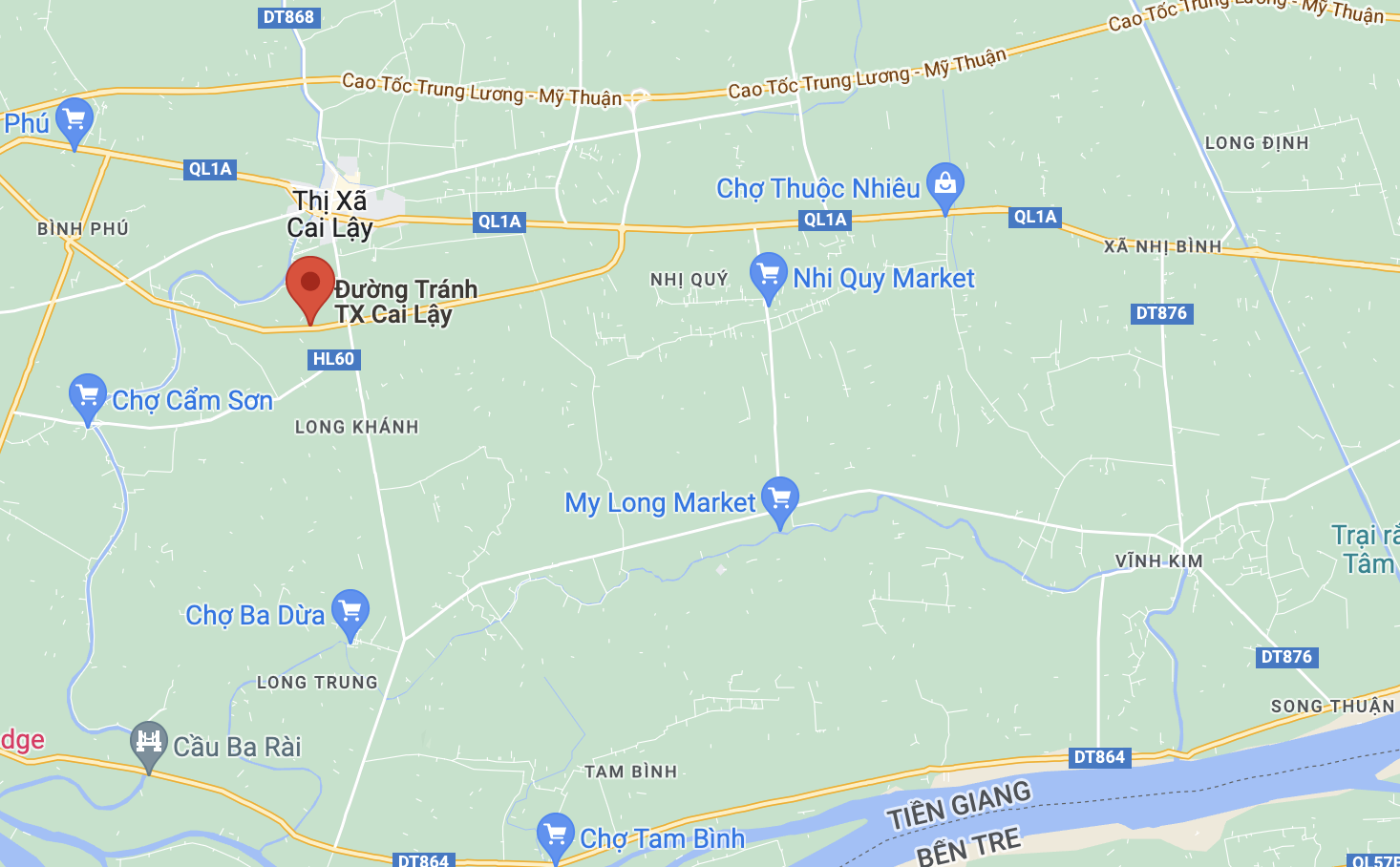 Vụ tai nạn xảy ra trên đường tránh Cai Lậy, Tiền Giang. Ảnh: Google Maps.