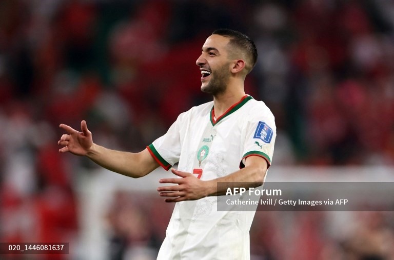 Một cầu thủ Maroc khác, Hakim Ziyech, cũng góp mặt trong đội hình tiêu biểu với 1 bàn thắng, 1 pha kiến ​​tạo và hàng loạt màn trình diễn xuất sắc.  Ảnh:  AFP