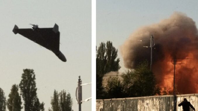 Máy bay không người lái Shahed 136 vài giây trước khi tấn công mục tiêu ở Ukraine. Ảnh: ÀP
